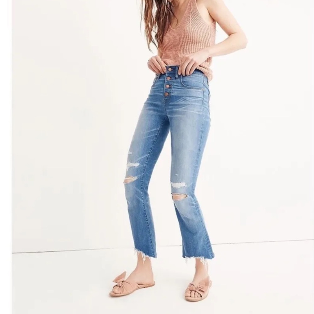 Madewell Cali Demi Boot Cut High Waisted Button Fly Distressed Jeans.